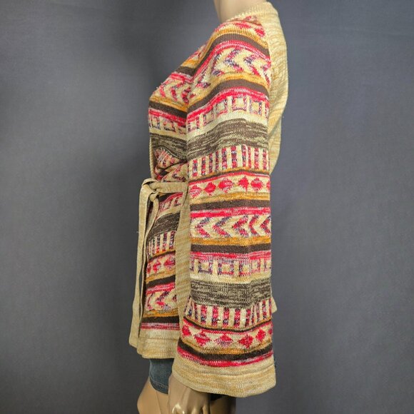 Vintage 70s Boho Belted Cardigan Womens Size S Beige Aztec Print Flared Sleeves - Picture 6 of 11